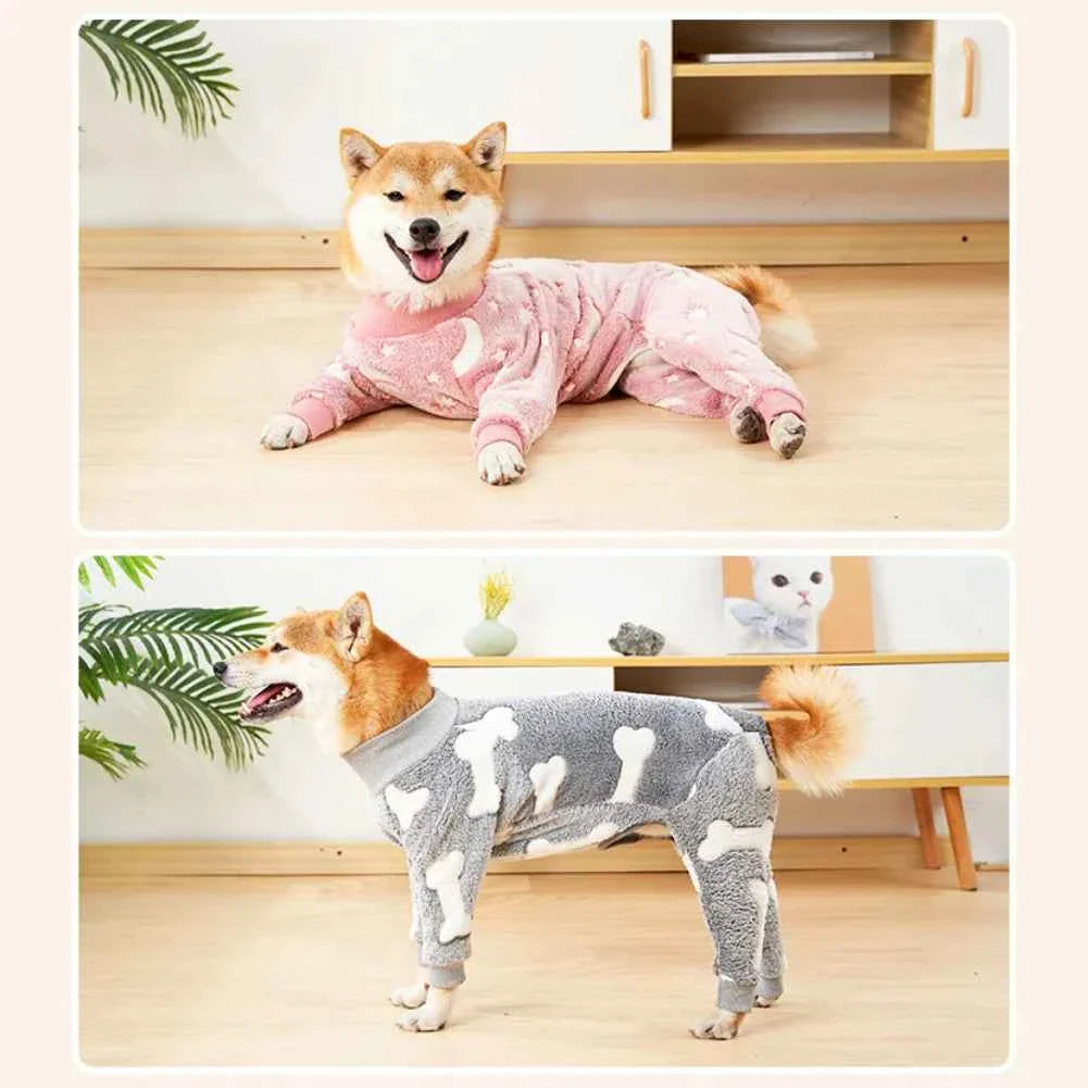 Fleece dog jumpsuit pajamas color options: pink and gray shown on a small dog