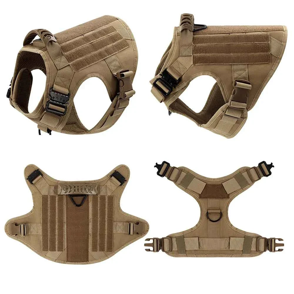 Tan tactical dog harness vest shown from multiple angles with buckles and straps