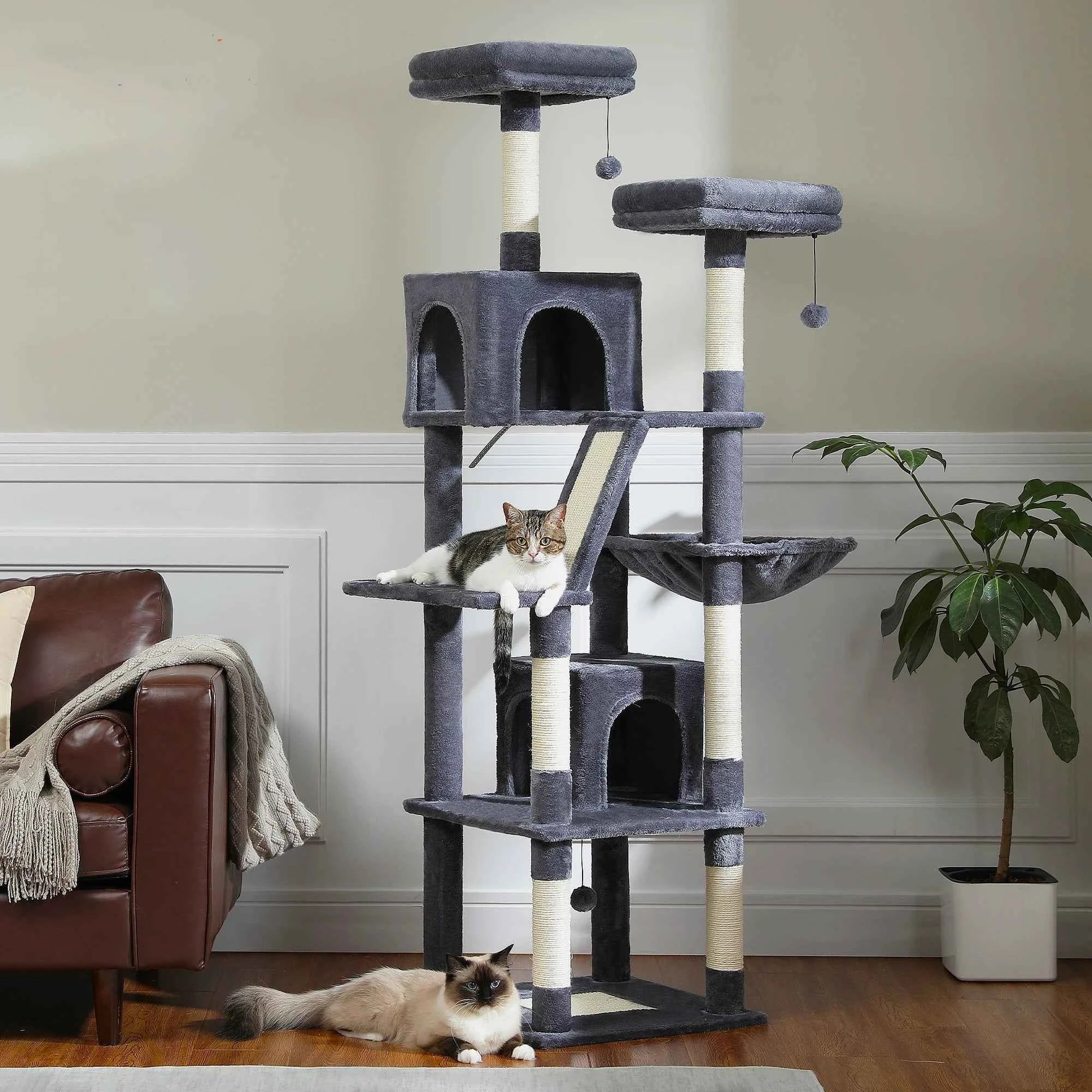 Dark gray cat tree tower with dangling balls, top perch, cube condos, and angled scratching ramp