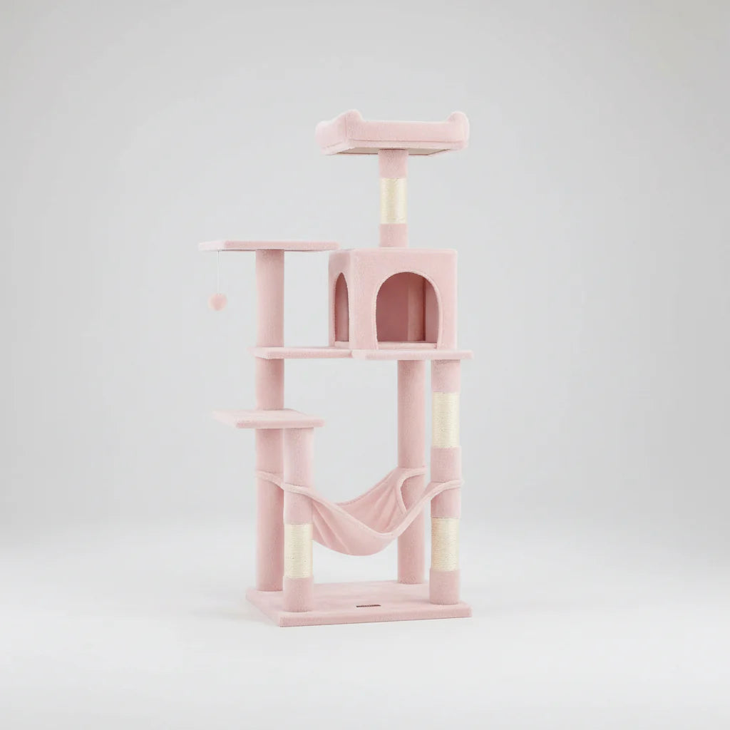 Pink multi-level cat tree tower with hammock and two stacked platform perches