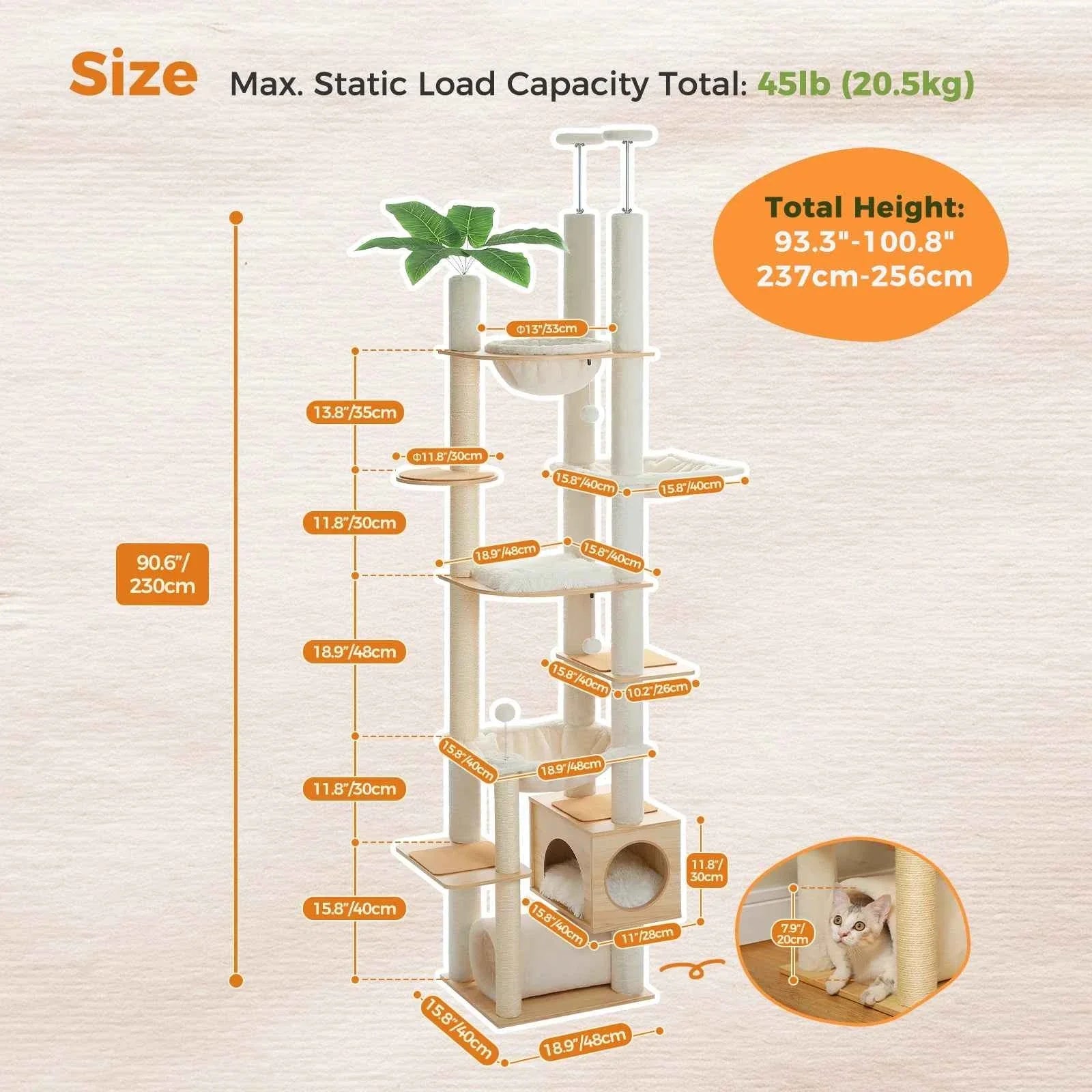 Cat tree size diagram showing stacked levels, scratching posts, and hammock