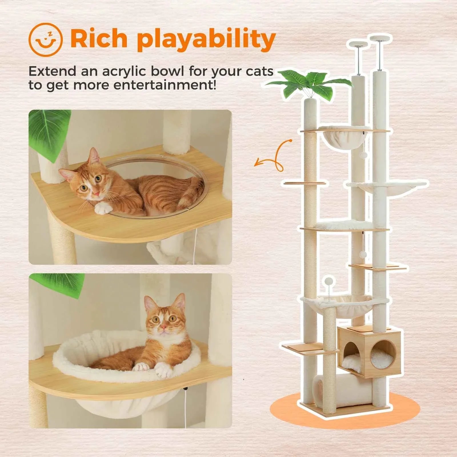 Cat tower with raised perches, fabric hammock, and cubby hideout for cats