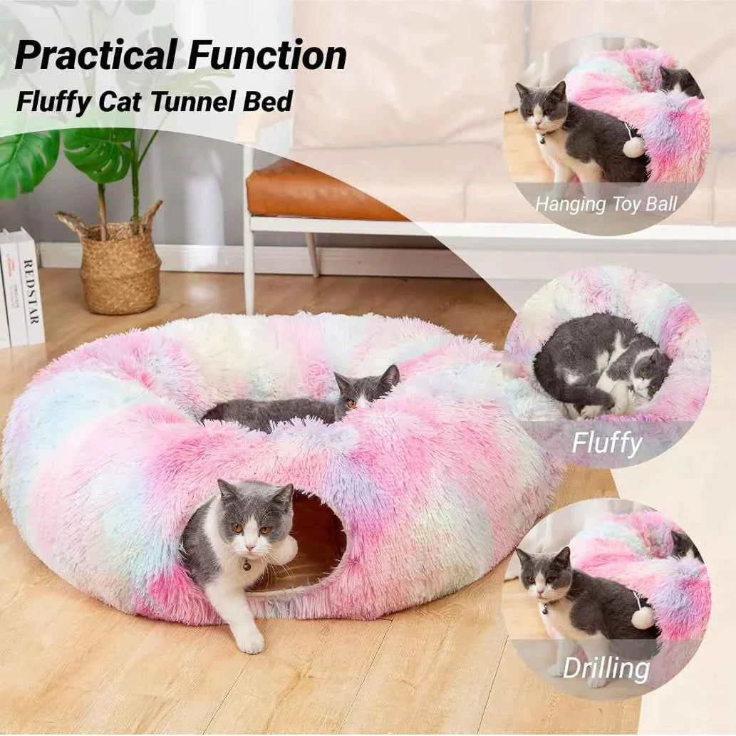 Pastel rainbow plush cat tunnel bed with hanging toy ball at entrance