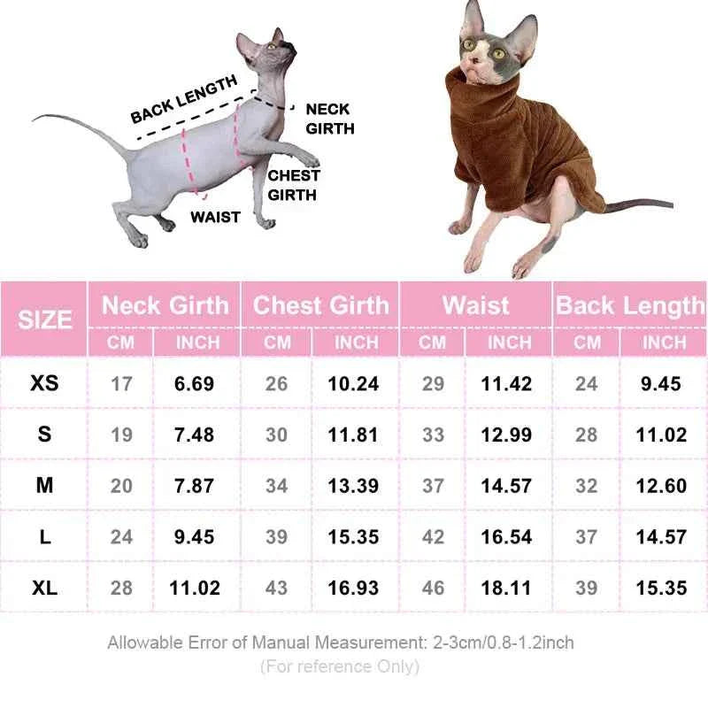 Size chart for cat turtleneck sweater: neck, chest, waist, and back length