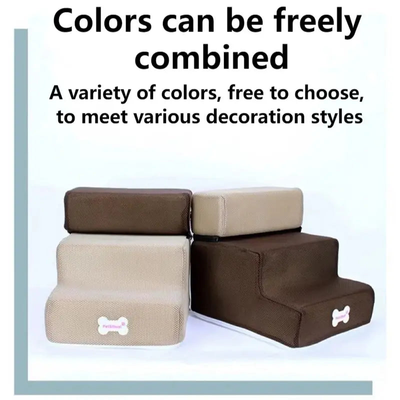 Two-tone 3-step pet stairs: light beige left, dark brown right with ramp