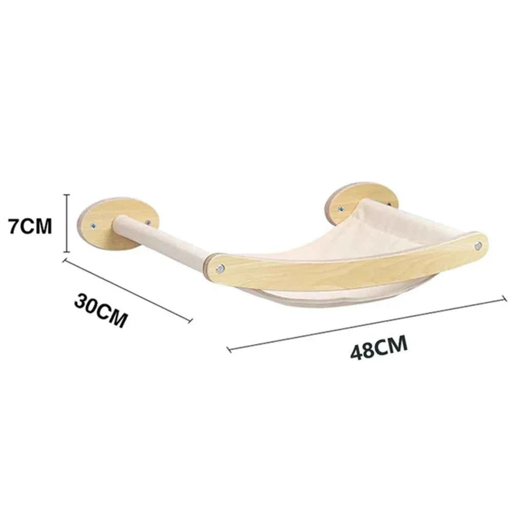 Curved wall cat hammock scratch bed with wooden side mounts and size measurements