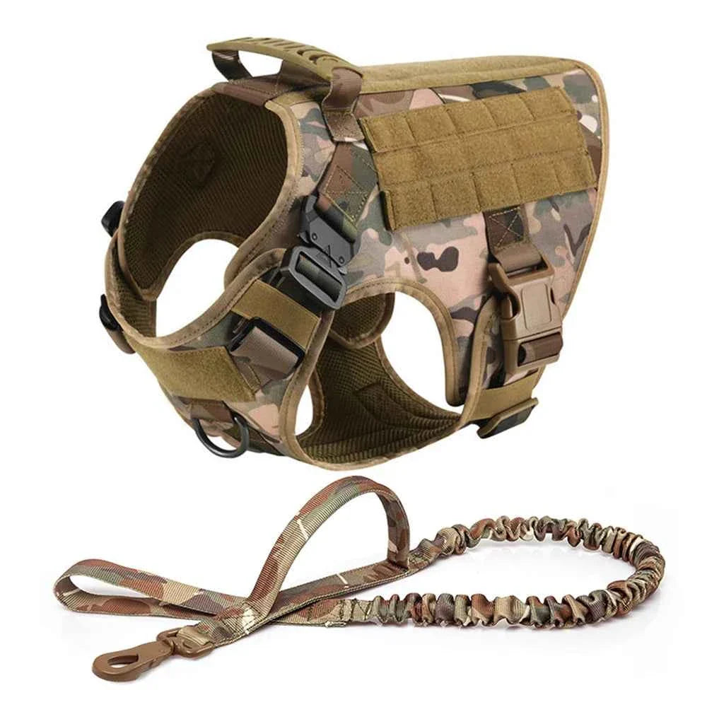 Camouflage no-pull dog harness vest with coiled leash and tactical training clips