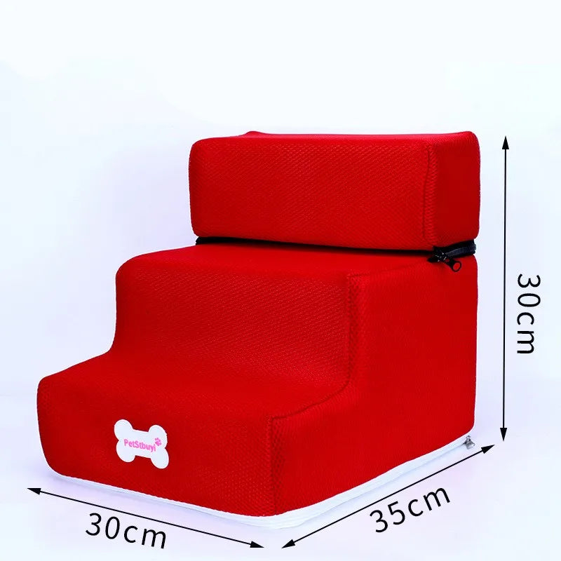 Red 3-step pet stairs with ramp; shows size labels 30cm by 35cm by 30cm