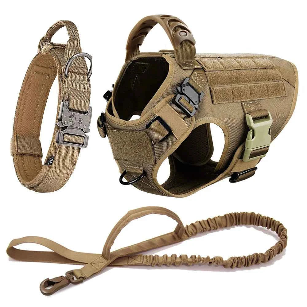 Brown no-pull dog harness vest with matching leash, tactical training set