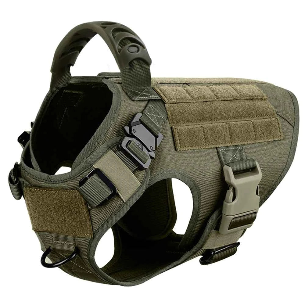 Olive green tactical no-pull dog harness vest with front clips and padded panels