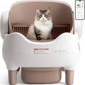 White open-top self-cleaning cat litter box with khaki interior and app control screen