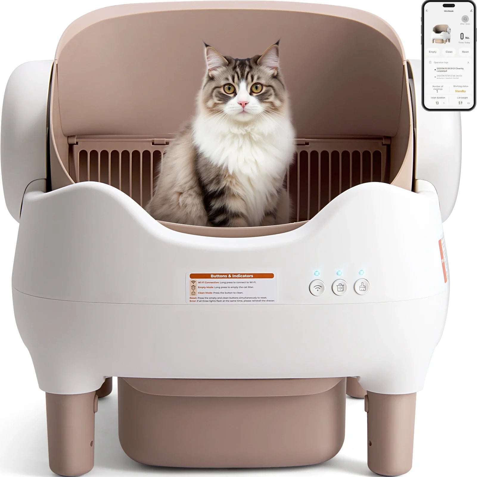 White open-top self-cleaning cat litter box with khaki interior and app control screen