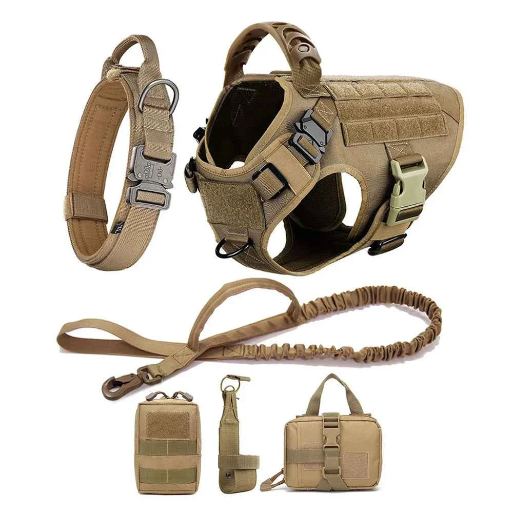 Brown tactical dog no-pull harness vest set with matching leash and accessory pouches