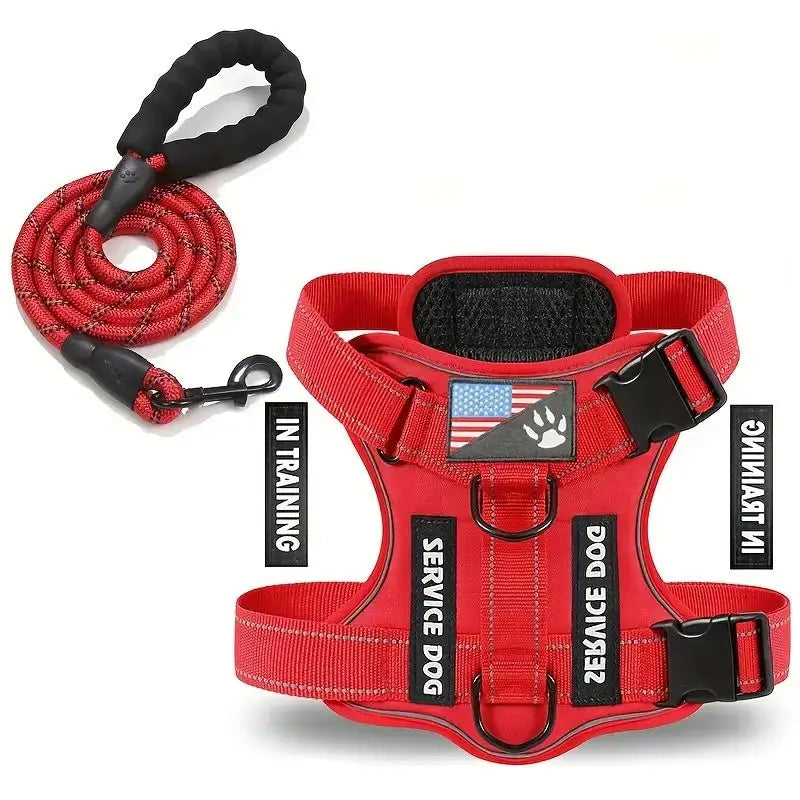 Red dog escape-proof vest harness with mesh panel and matching leash rope