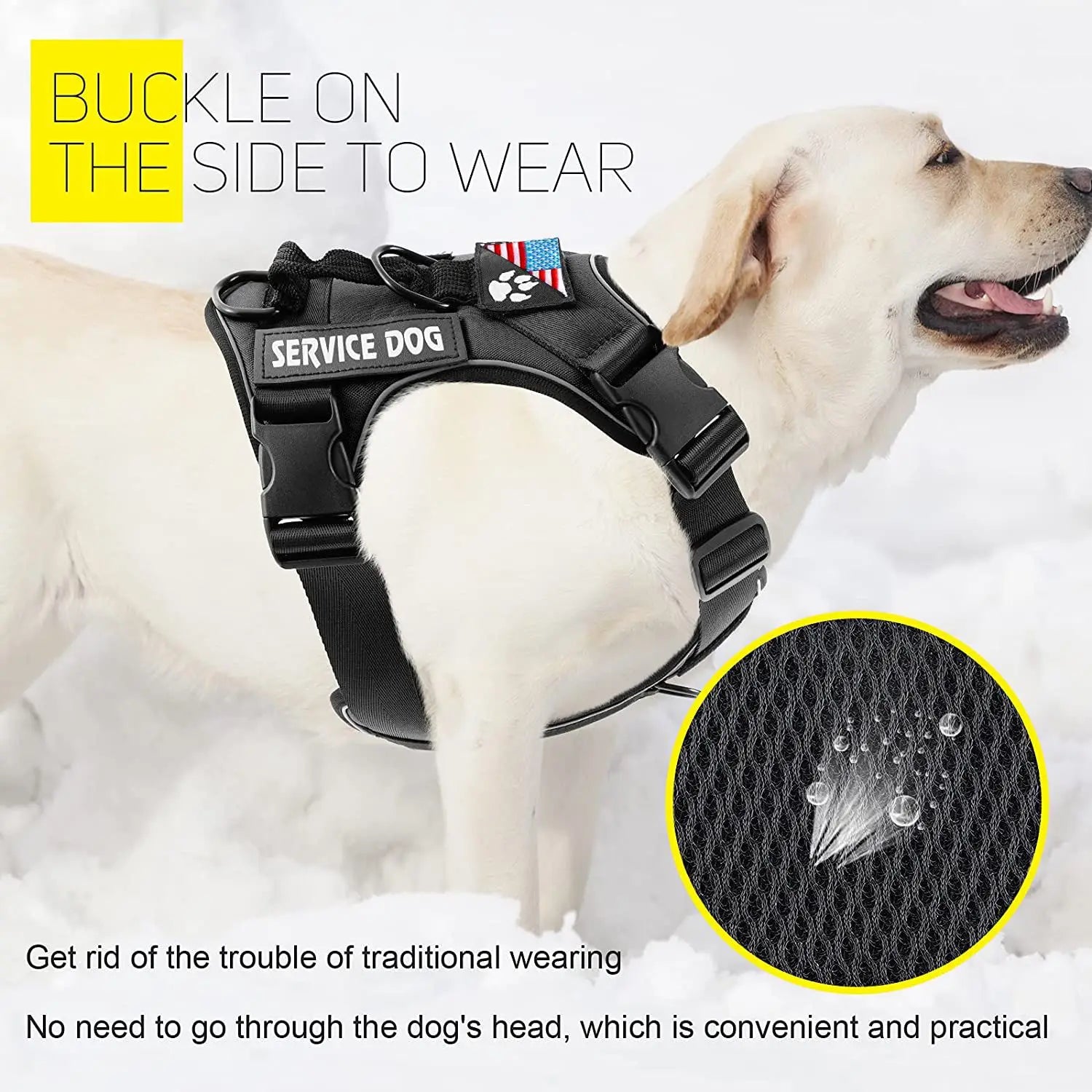 Dog harness and leash set with black vest and mesh panel, adjustable side buckles