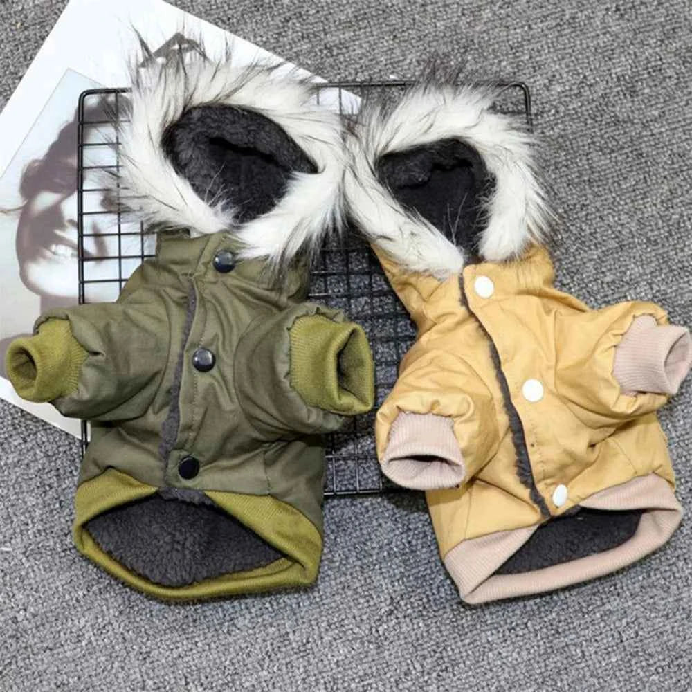 Olive and yellow dog winter coats with faux-fur hoods, button front, harness straps