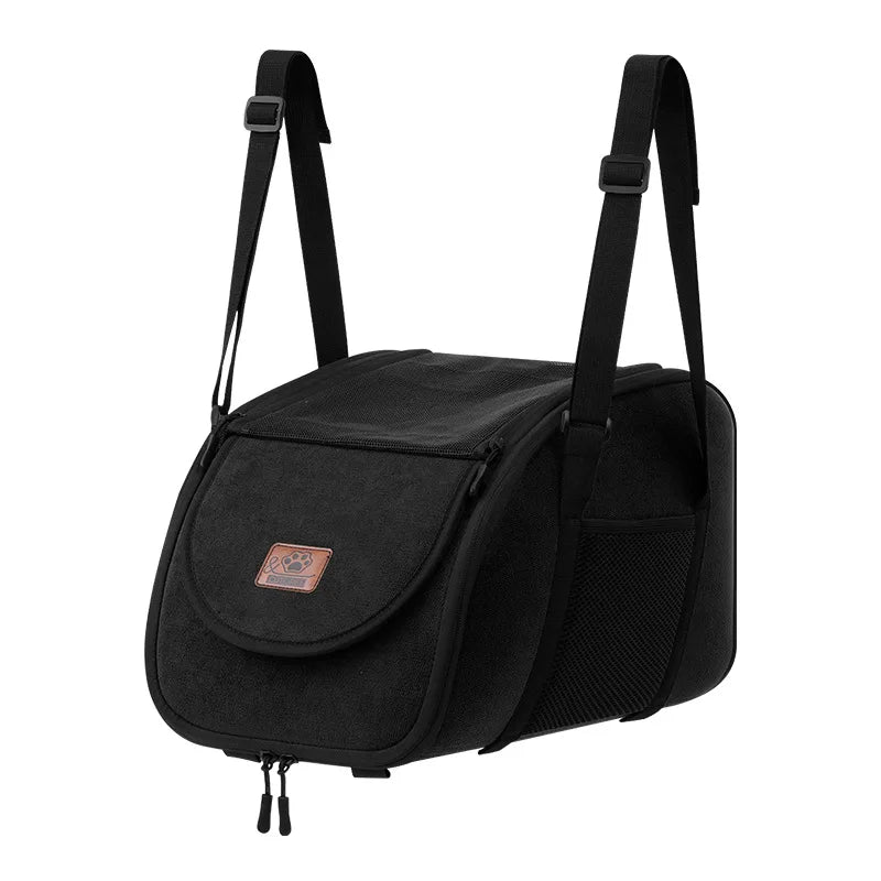 Black car seat belt carrier with black straps and side mesh pocket
