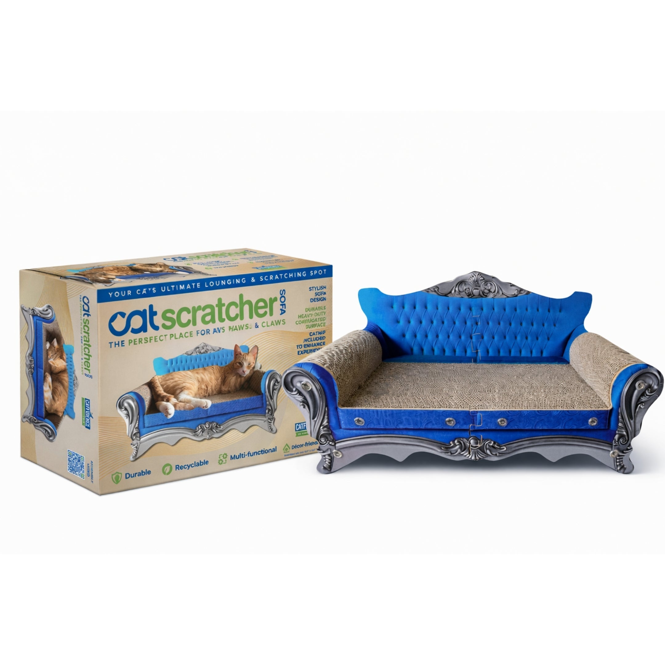 Cat scratcher sofa with blue tufted back, gray scratching sides, and ornate silver base