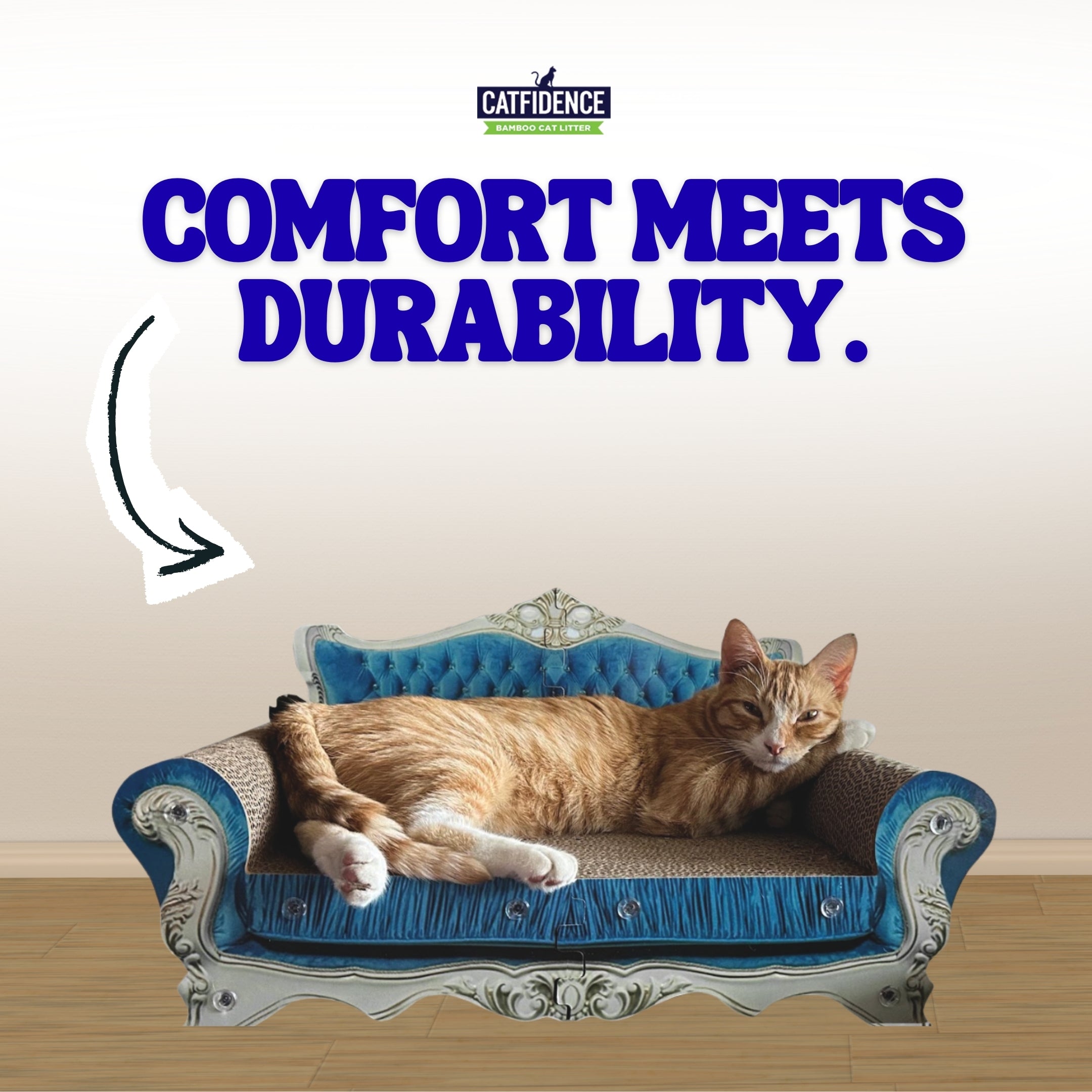 Blue cat scratcher sofa with gray scratching armrests, ornate silver feet, cat lounging