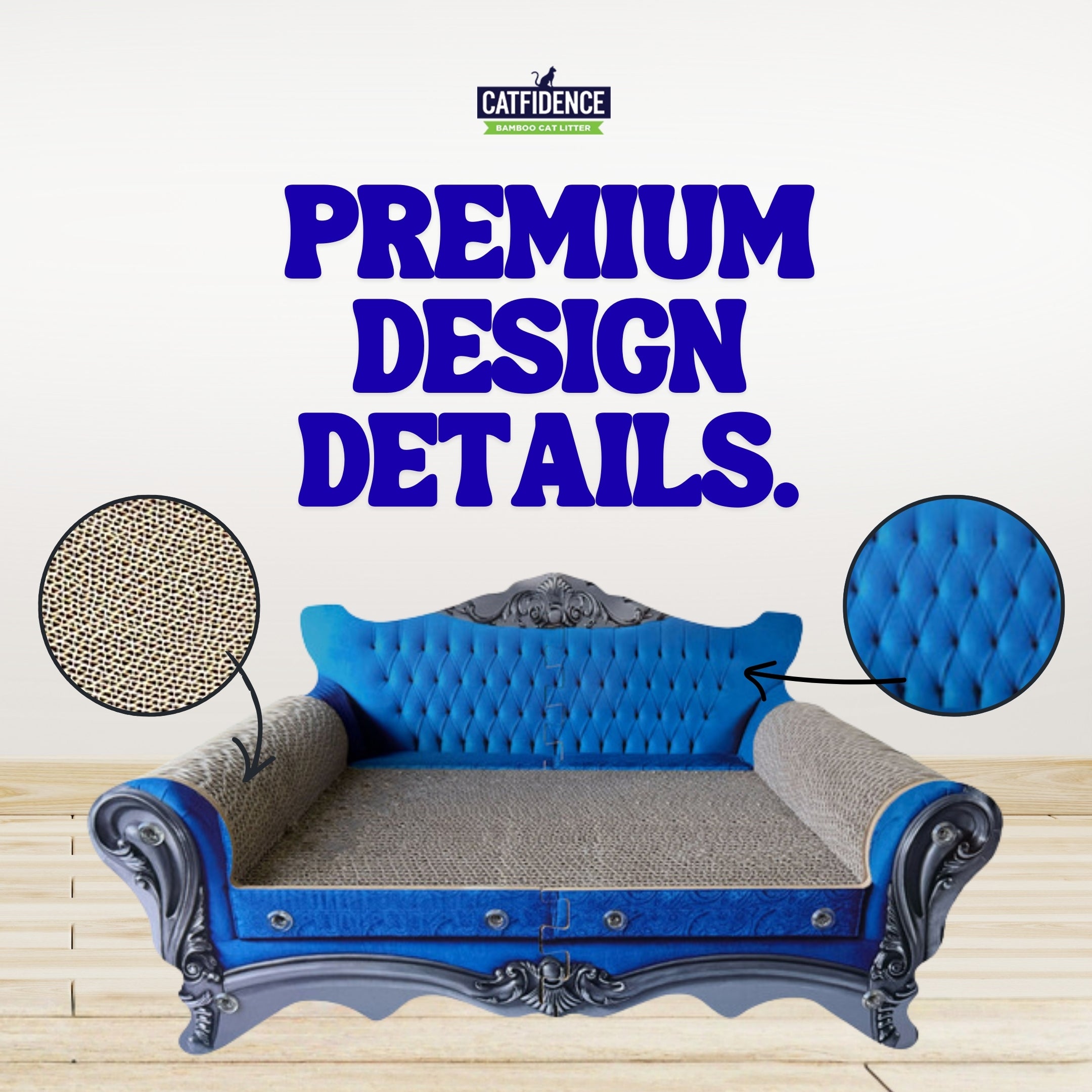 Blue tufted cat scratcher sofa with gray scratching arms and ornate silver legs