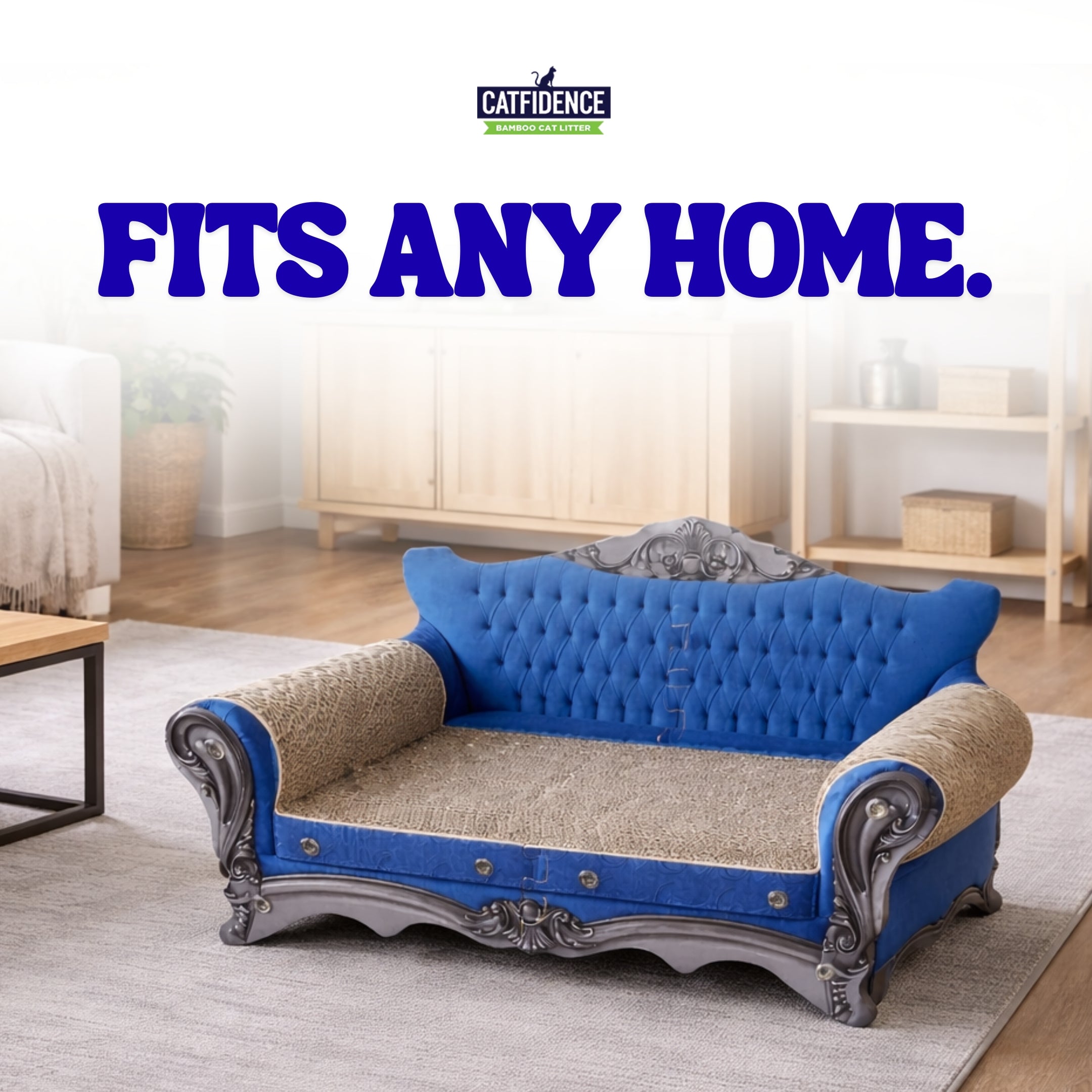 Blue cat scratcher sofa with gray scratching base and arm pads, tufted backrest