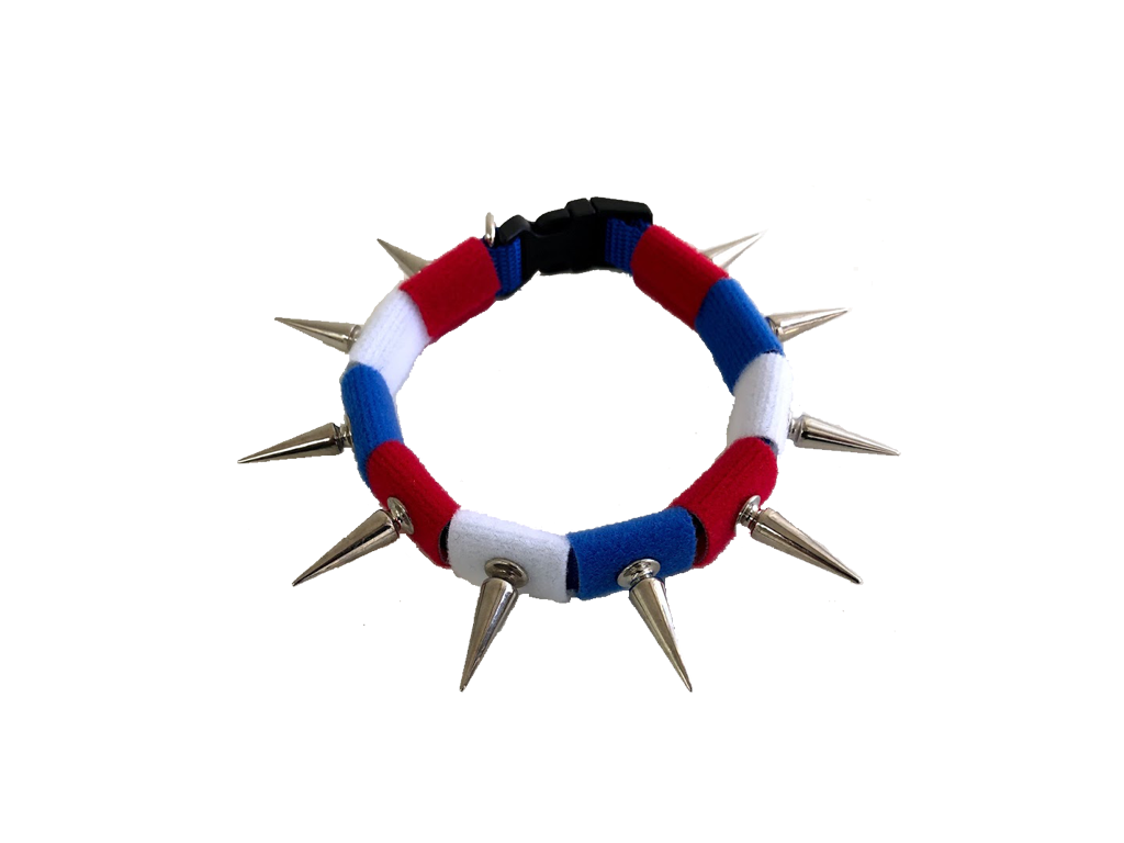 Spiked dog collar with red, white, and blue fabric bands and metal cone studs