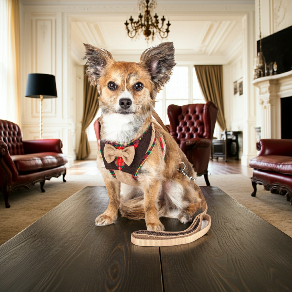 Adjustable fashion dog harness with multicolor straps and leash, worn on a small dog