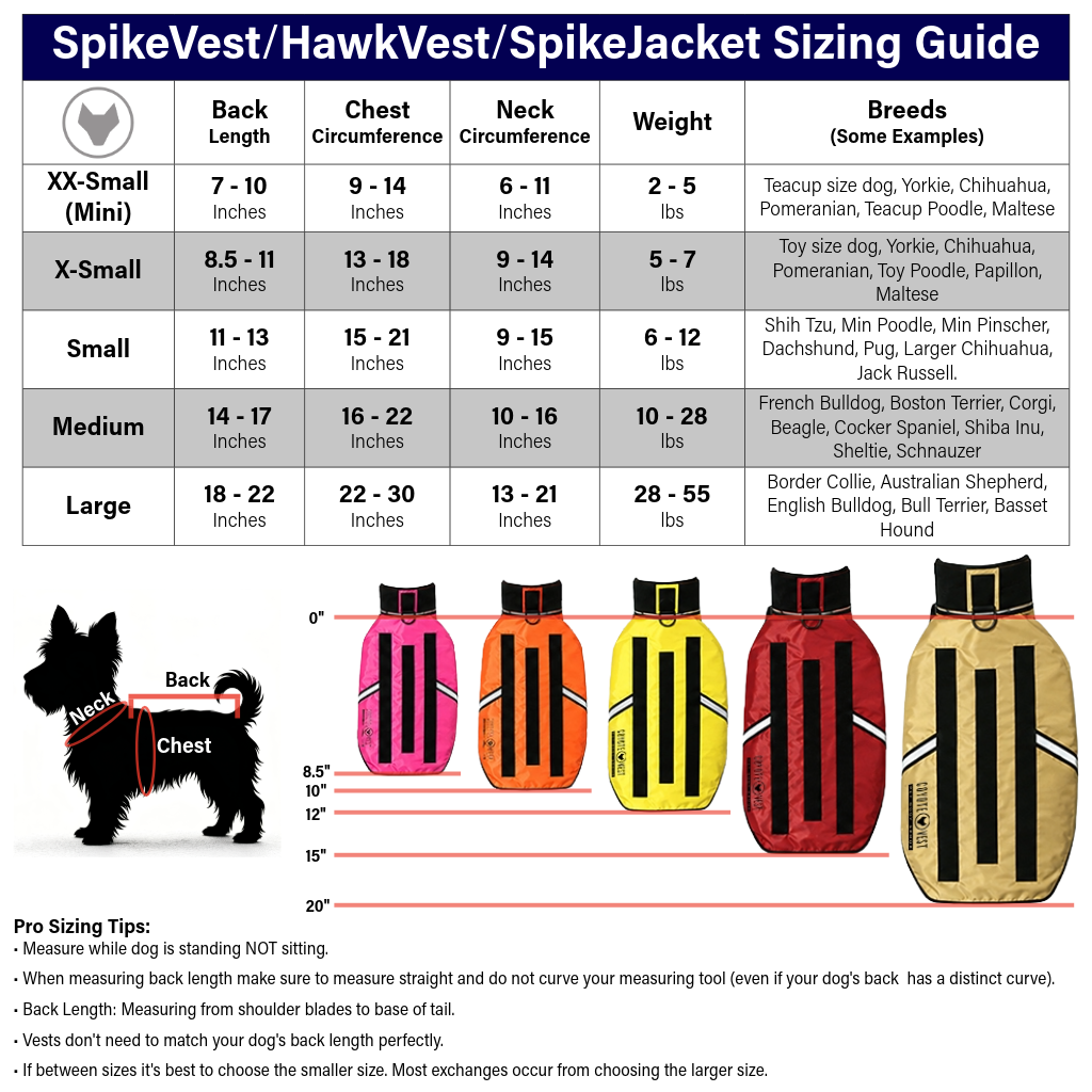 Spike vest sizing guide chart with back, chest, neck, and weight measurements