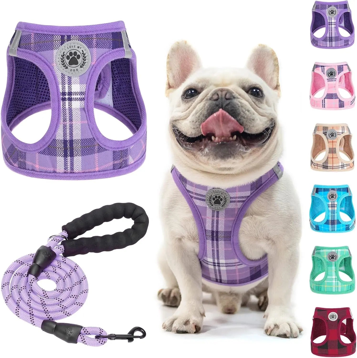 Purple plaid step-in dog harness with reflective paw badge and matching leash set