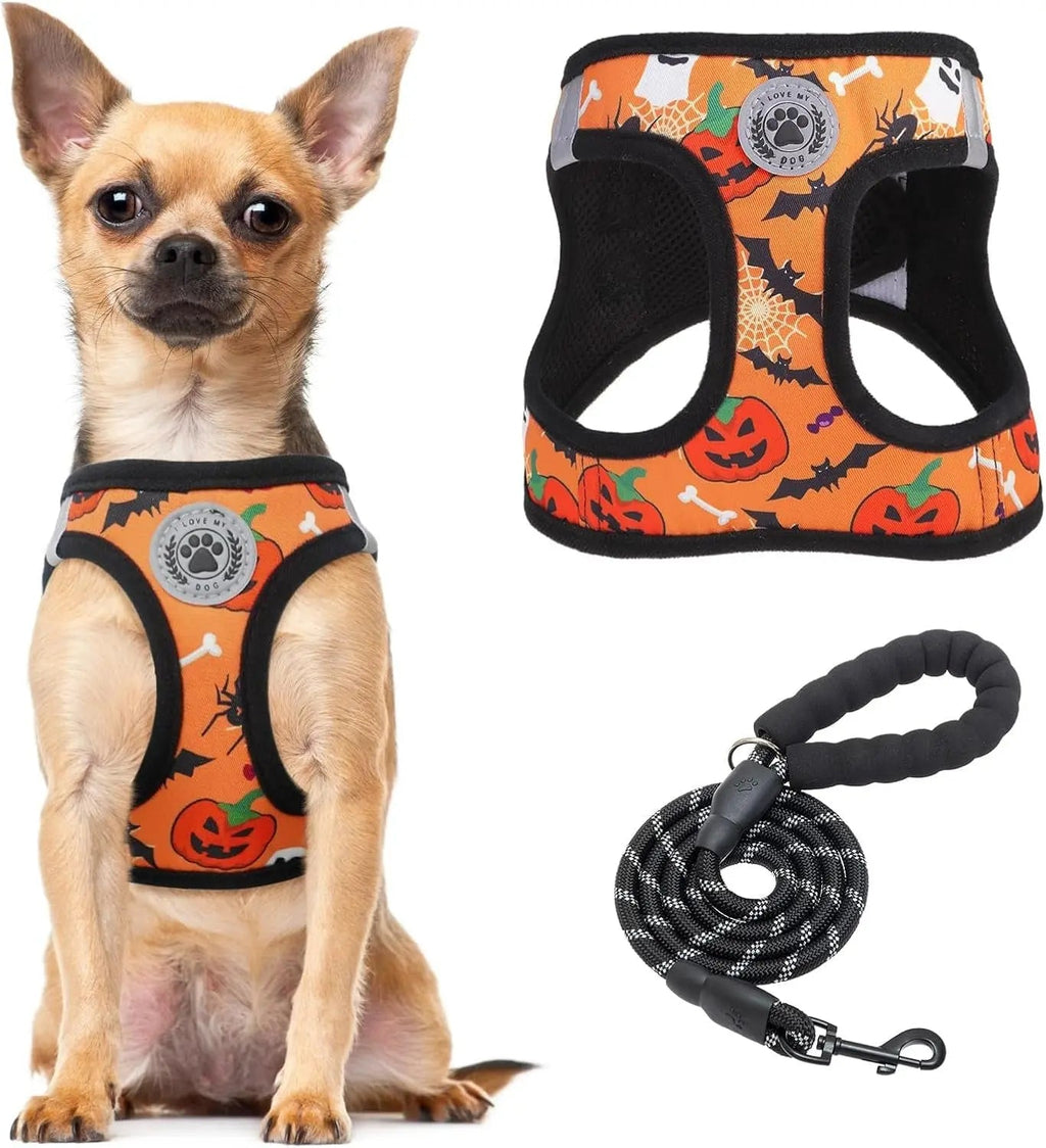 Step-in dog harness and leash set with orange Halloween pattern and reflective trim