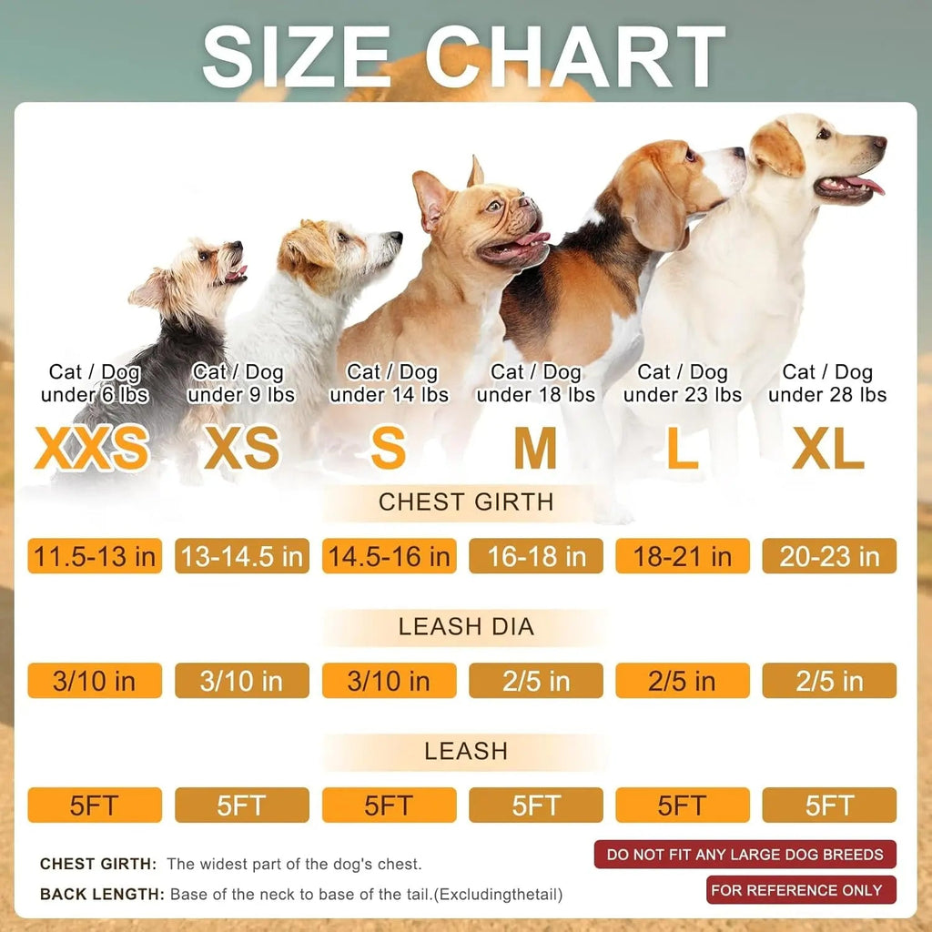 Dog harness size chart showing chest girth, leash diameter, and leash length