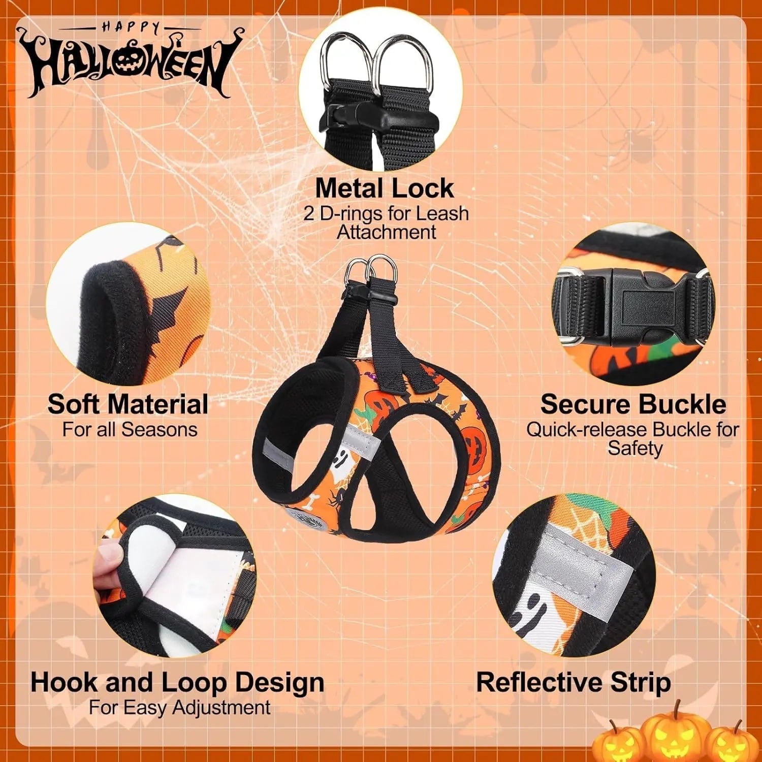 Halloween dog harness with reflective strip, quick-release buckle, and 2 D-ring leash attachment
