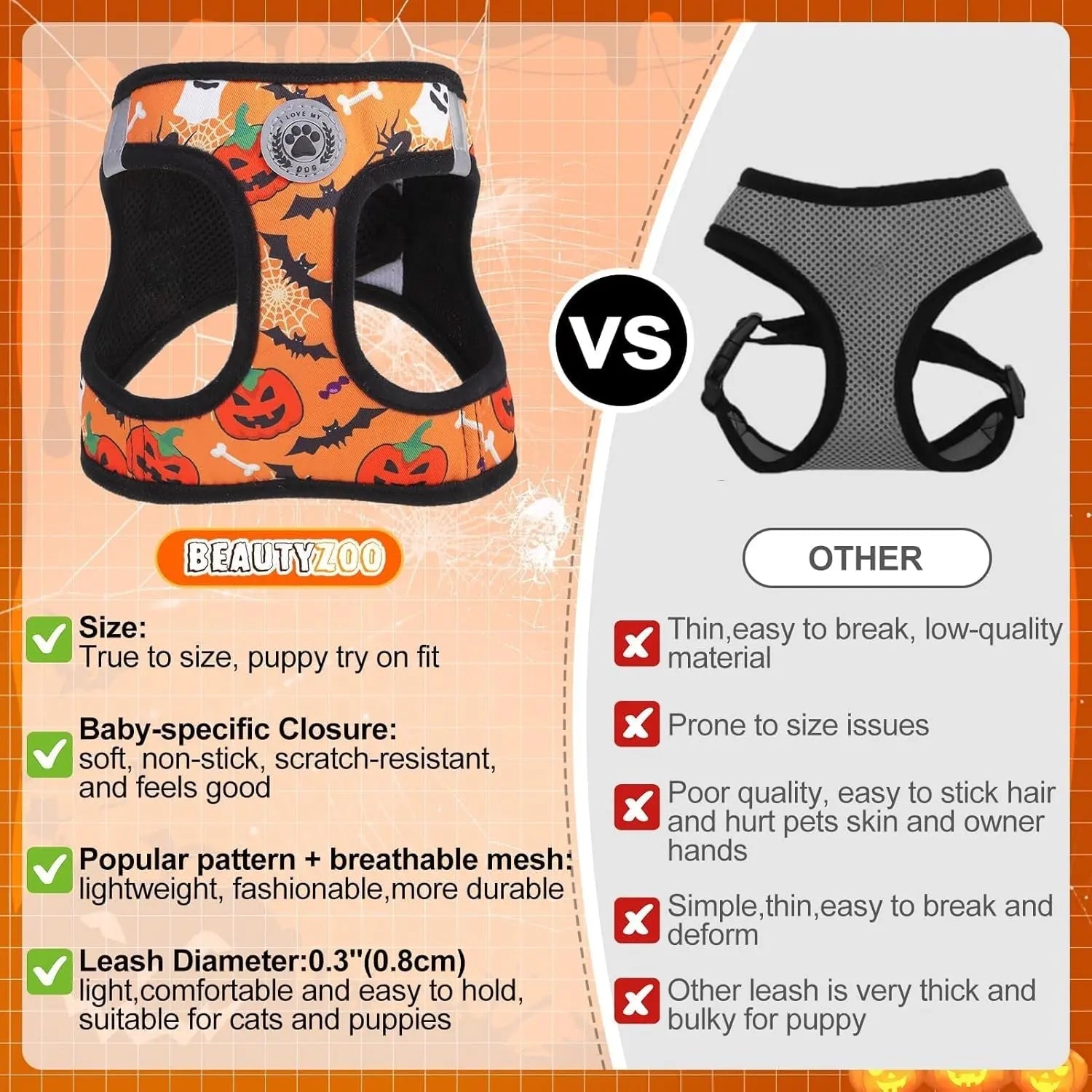 Halloween dog harness and leash set comparison showing breathable mesh and secure closure details