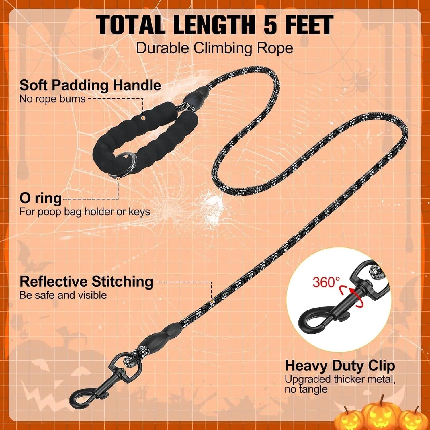 Dog leash and harness length details: 5-foot rope leash with reflective stitching and metal clip