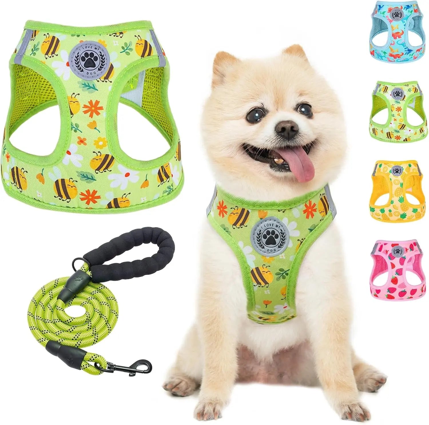 Green jungle pattern step-in dog harness with reflective paw badge and matching leash set