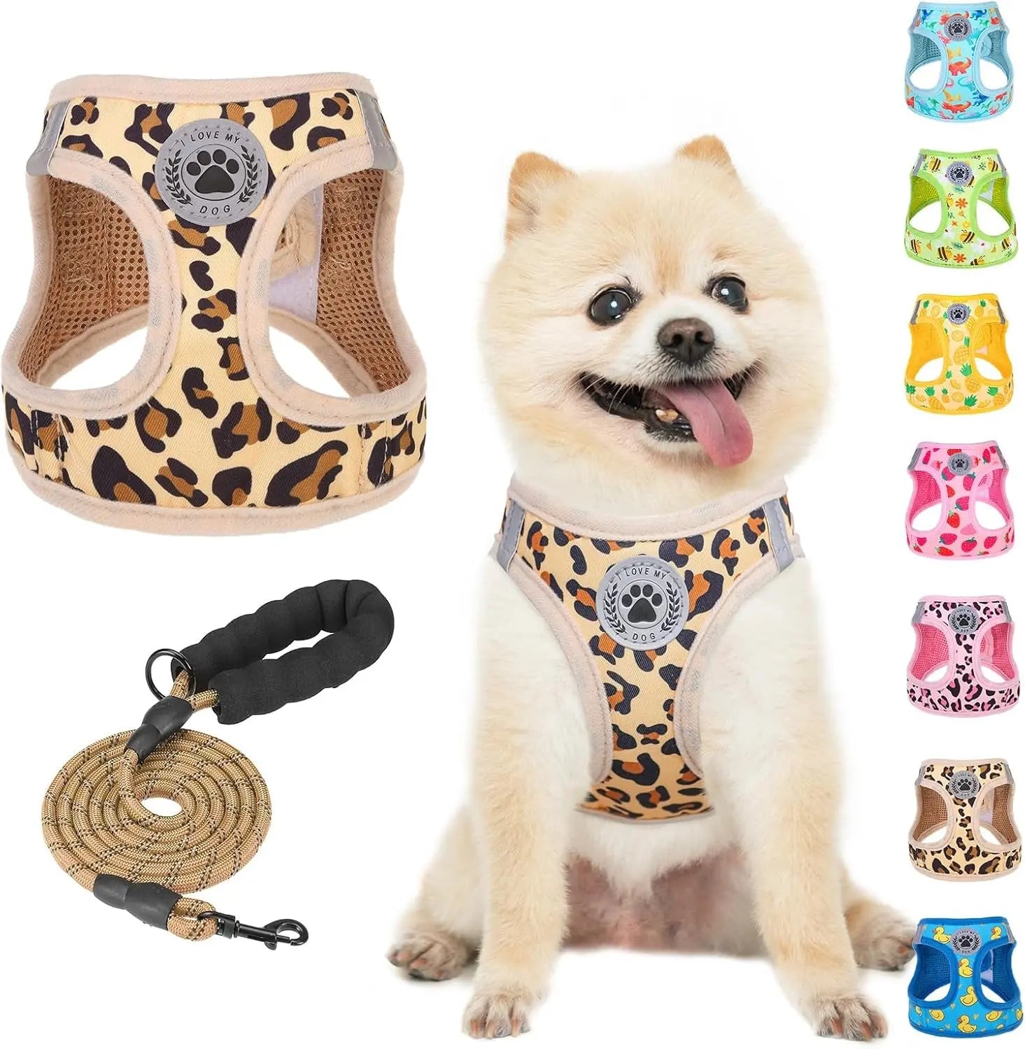Leopard-print dog step-in harness with paw badge and tan rope leash