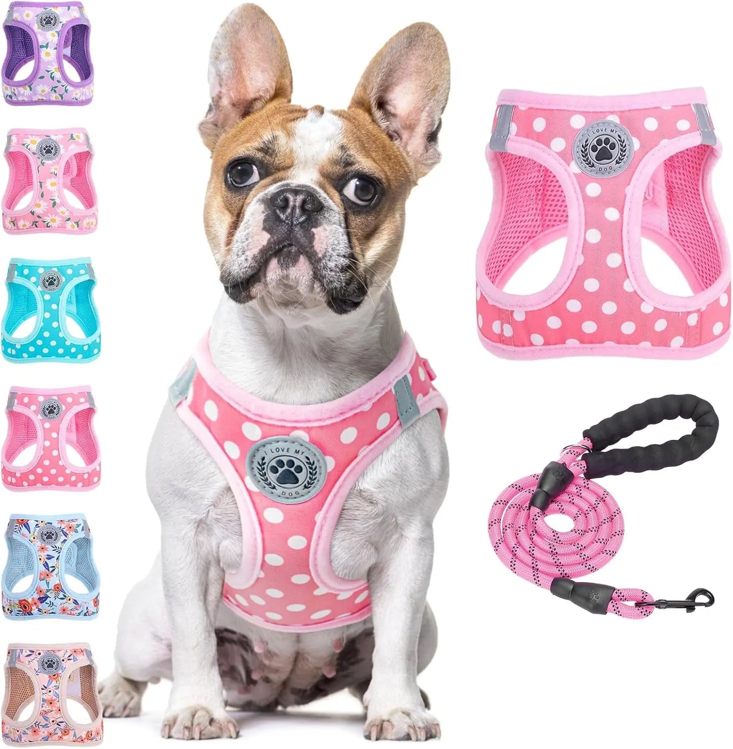 Pink polka-dot dog step-in harness with paw badge and matching pink leash