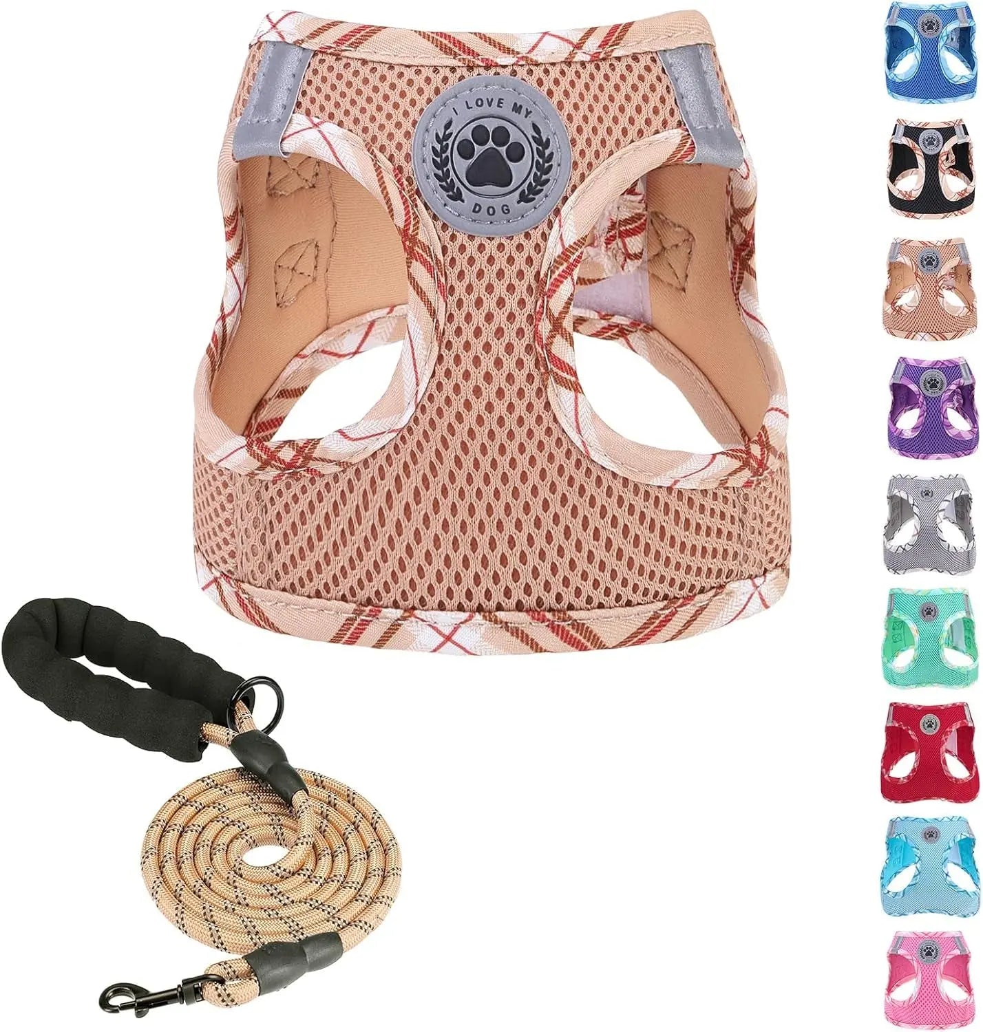 Beige mesh-style dog step-in harness with paw badge and tan rope leash