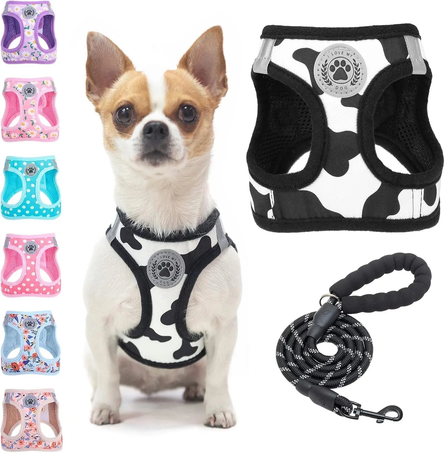 Black-and-white dog step-in harness with paw badge and matching black rope leash