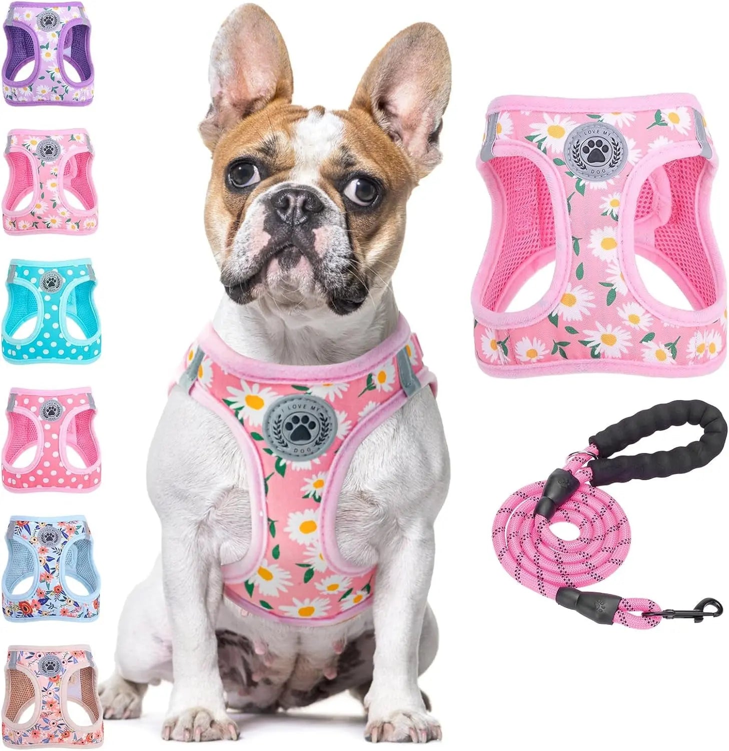 Pink daisy step-in dog harness with reflective paw badge and matching leash set