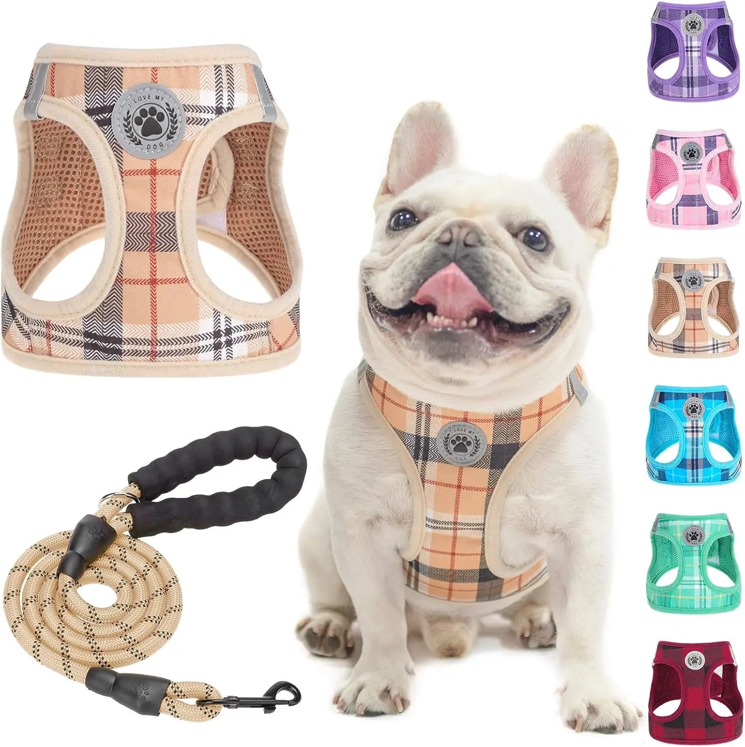 Tan plaid dog step-in harness with paw badge and matching tan rope leash