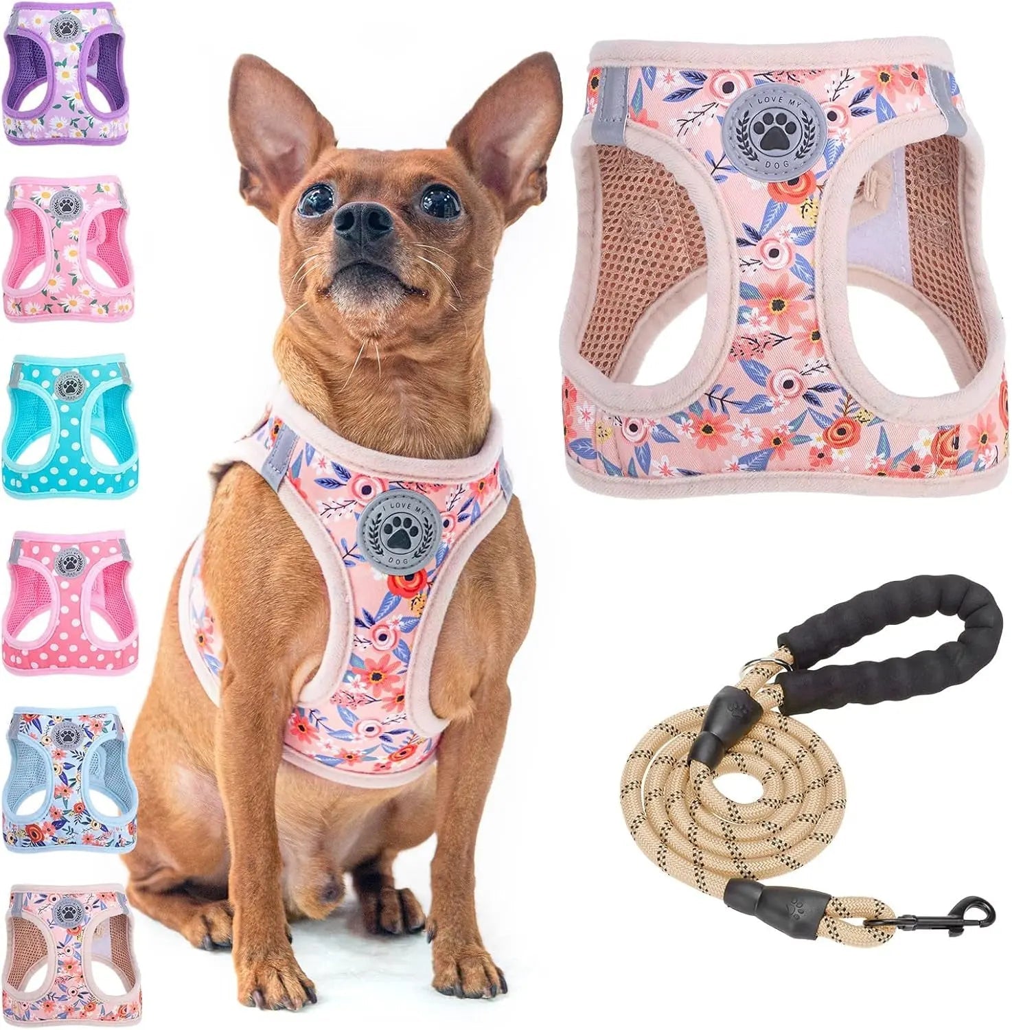 Pink floral dog step-in harness with paw badge and tan rope leash