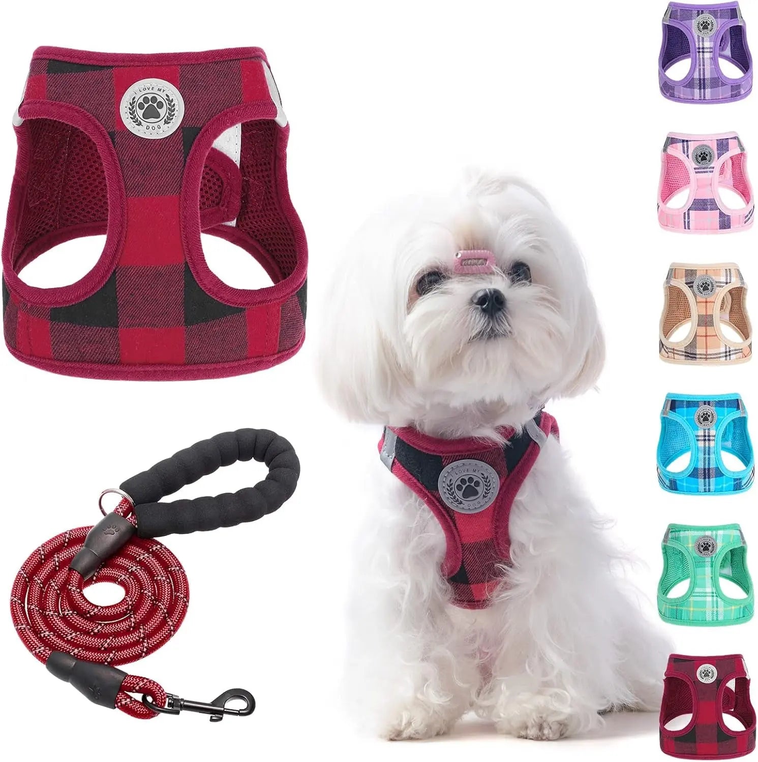 Red-and-black plaid dog step-in harness with paw badge and matching red rope leash