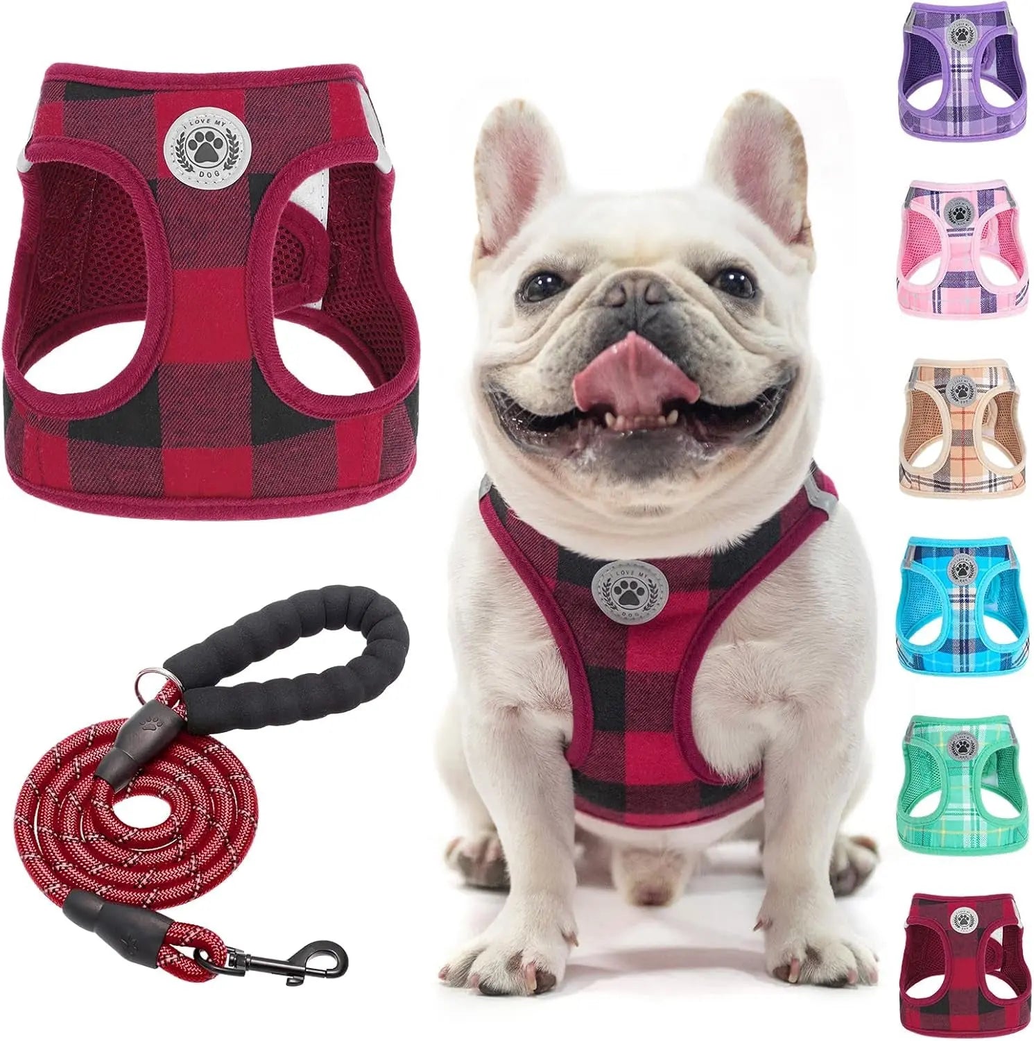 Red and dark plaid step-in dog harness with black mesh and matching red leash set