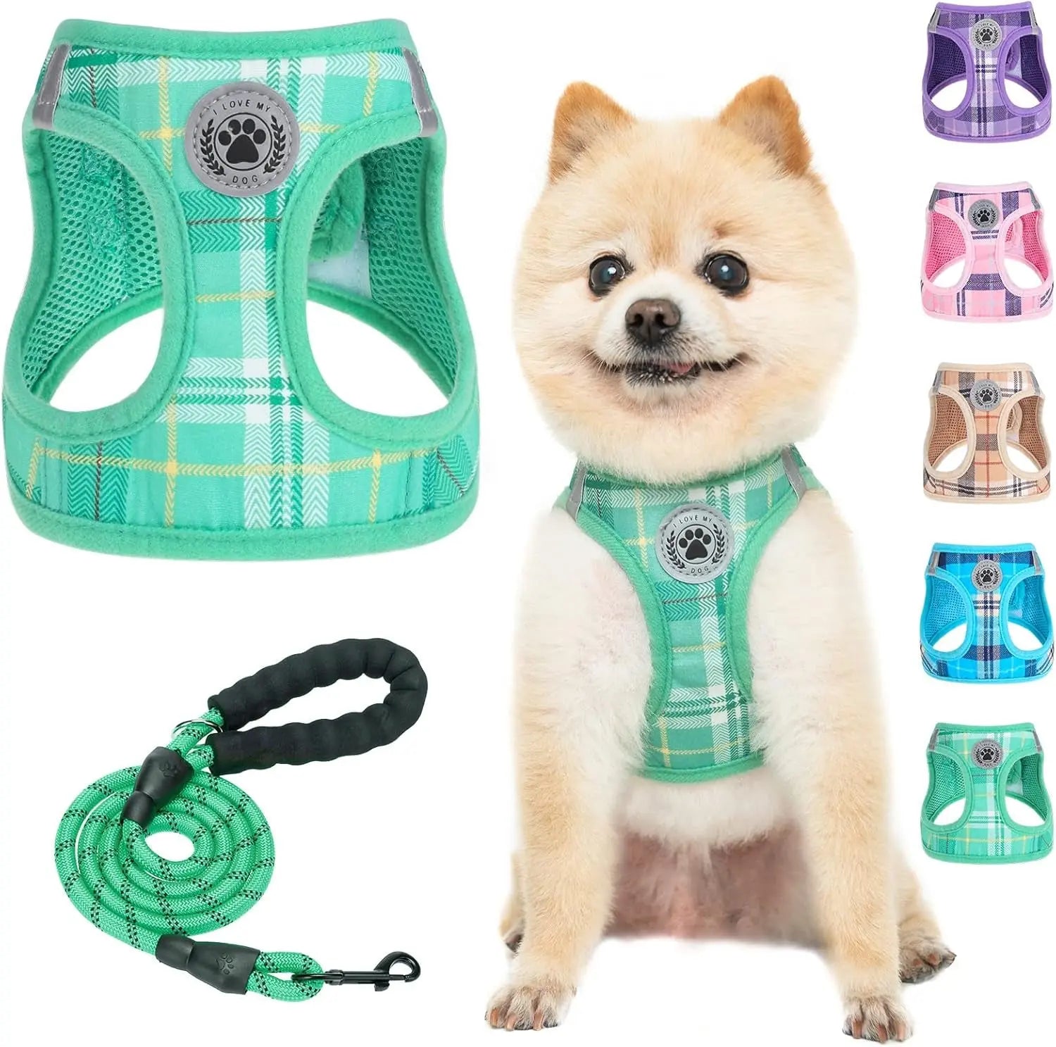Green plaid step-in dog harness with breathable mesh and matching green coiled leash set