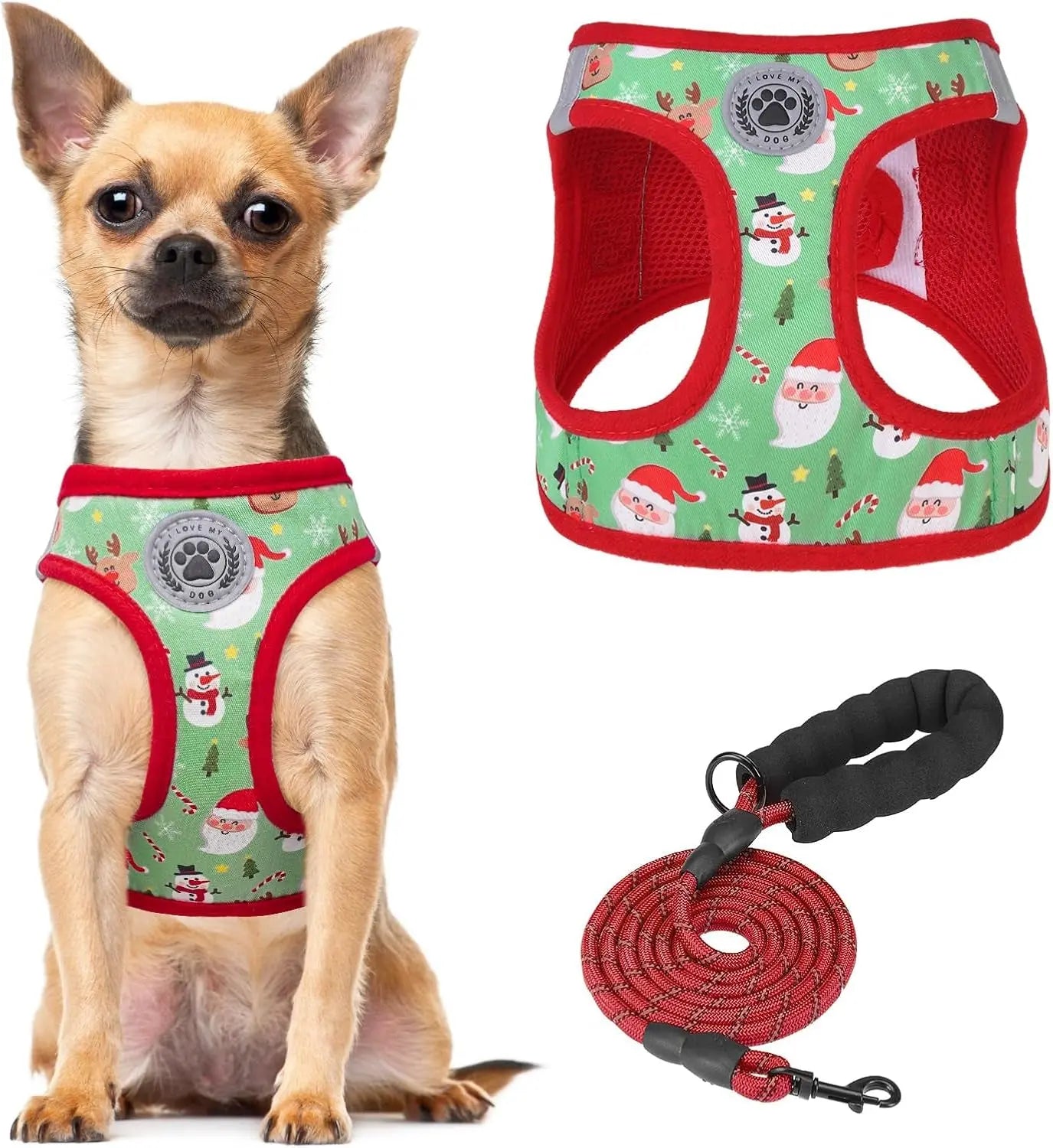 Green cartoon-print step-in dog harness with breathable mesh and matching red coiled leash