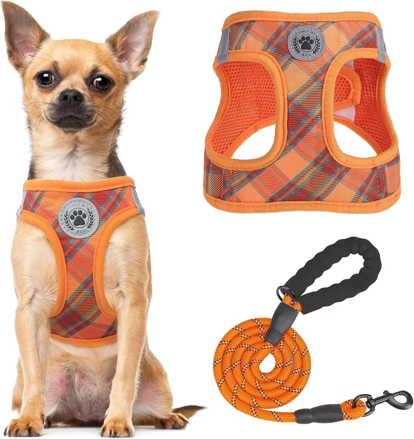 Orange plaid step-in dog harness with breathable mesh and matching orange coiled leash