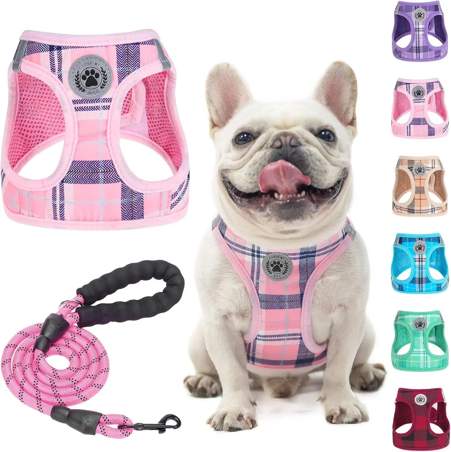Pink and blue geometric step-in dog harness with breathable mesh and matching pink coiled leash