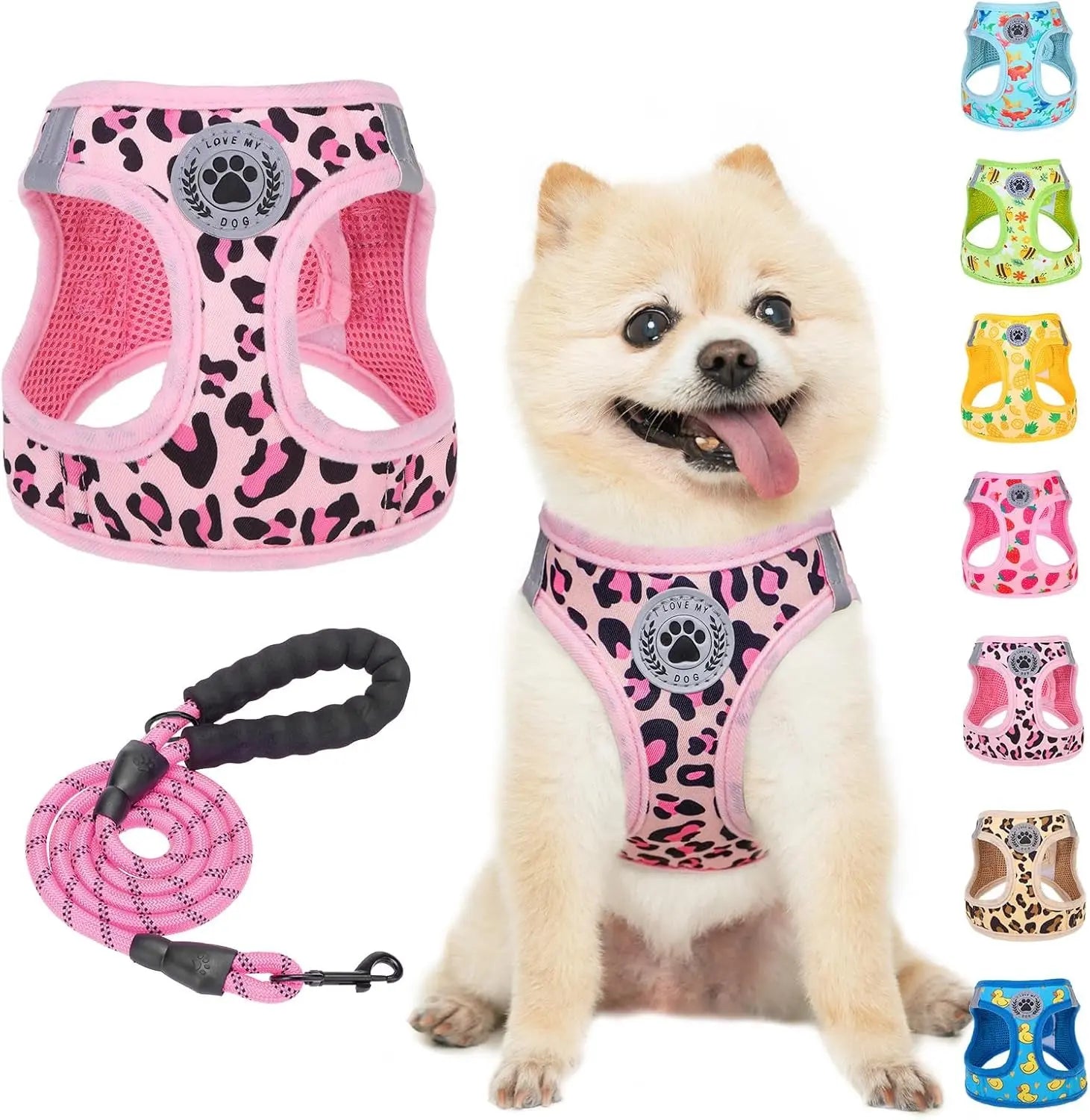 Pink leopard-print step-in dog harness with breathable mesh and matching pink coiled leash set