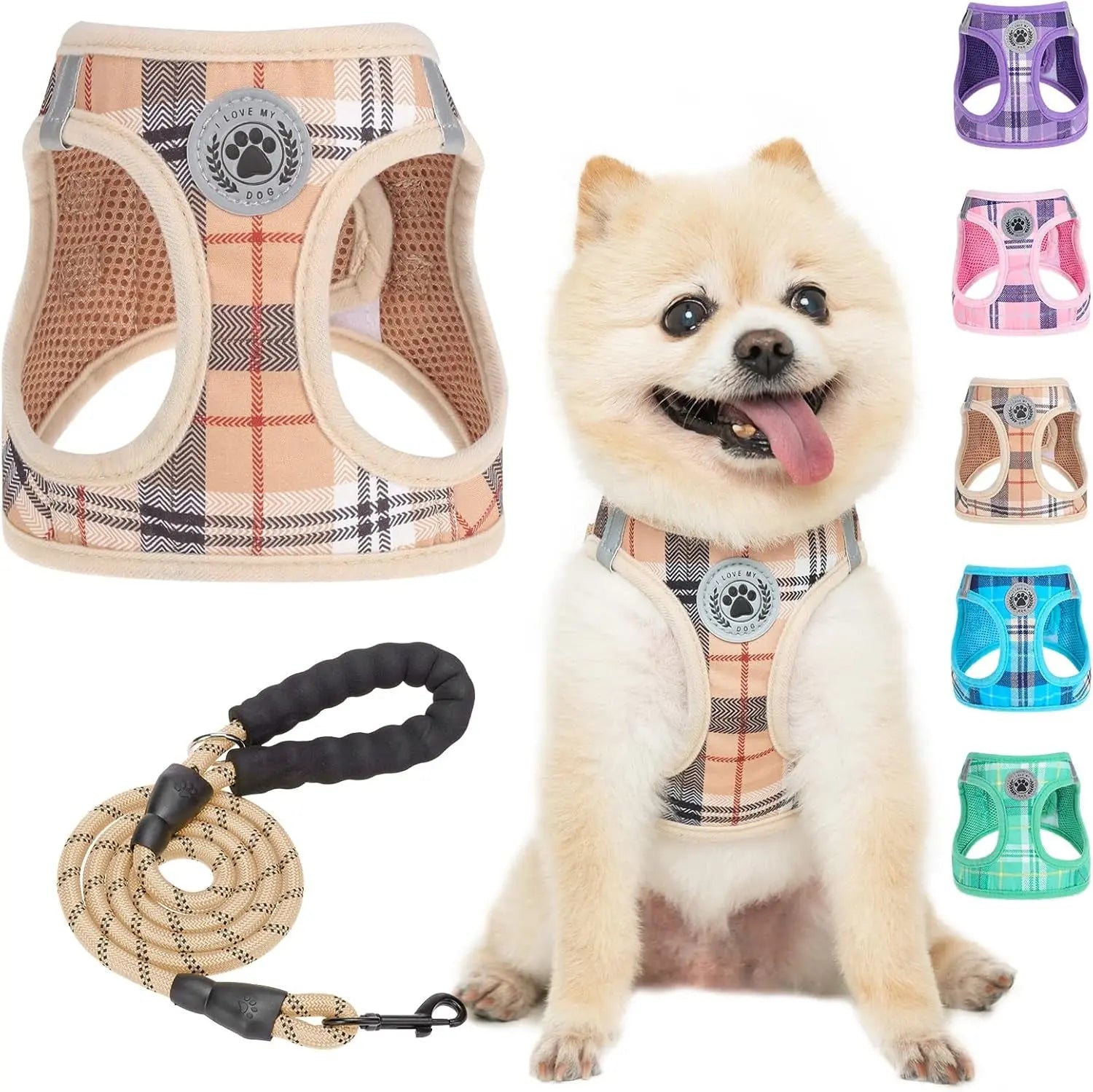Beige and brown plaid step-in dog harness with breathable mesh and matching tan coiled leash